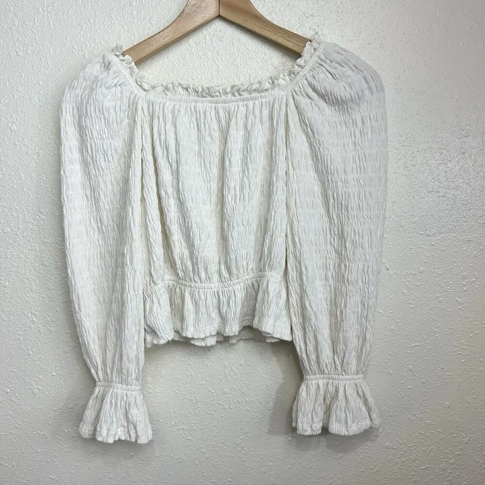 Crinkle Peplum Crop Top Size L 10-11 Ivory Long Sleeve Shirt Peasant Smocked GAP